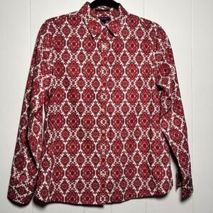 Lands End Womens No Iron Supima Cotton Medallion Paisley Shirt Red Sz 10 Classic